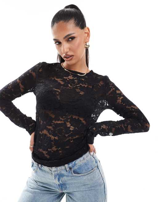 In The Style exclusive lace long sleeve top in black