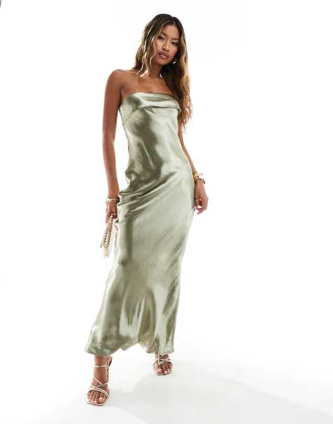In The Style exclusive liquid satin bandeau cut out back maxi dress in sage - view 1