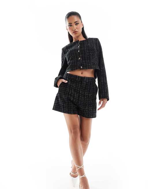 In The Style exclusive metallic boucle cropped tailored jacket and shorts set in black