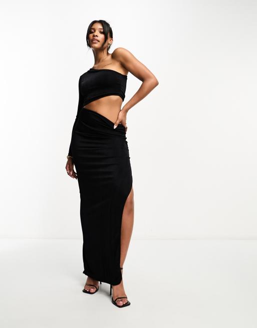 Black asymmetric sleeve cut out split discount leg maxi dress