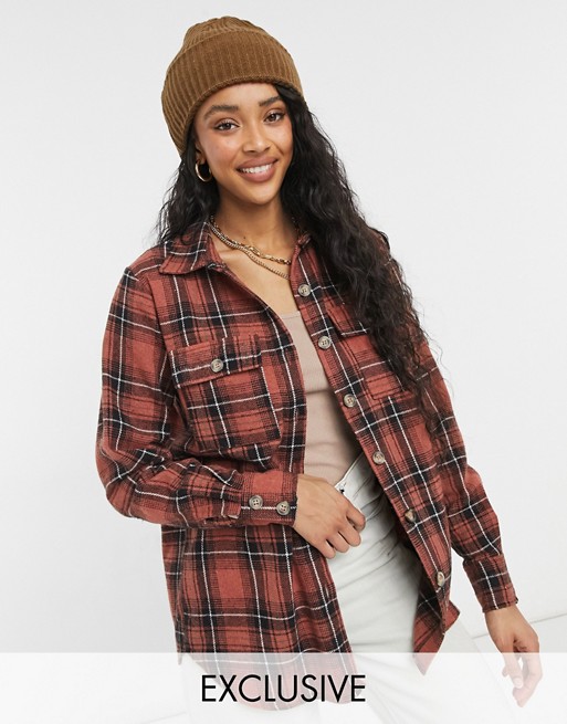 In The Style exclusive oversized check shirt in brown multi