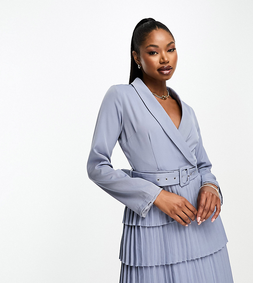 In The Style exclusive pleated wrap mini blazer dress in blue