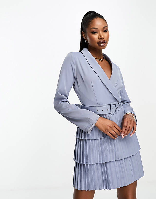 In The Style - exclusive pleated wrap mini blazer dress in blue