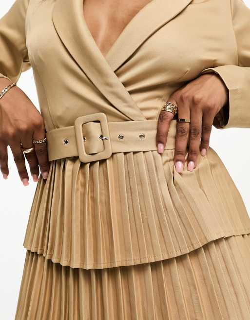 In The Style exclusive pleated wrap mini blazer dress in camel, 2 of 4
