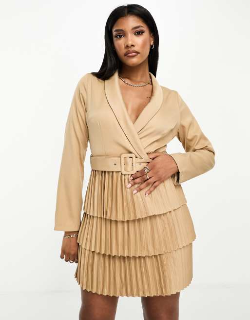 In The Style exclusive pleated wrap mini blazer dress in camel, 4 of 4