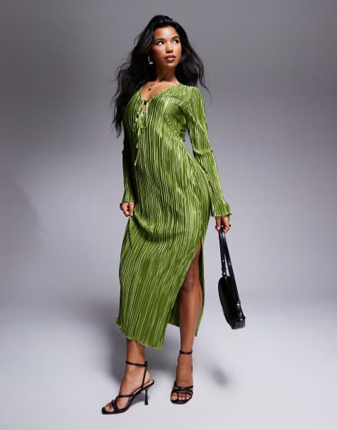 In The Style Exclusive – Plisowana sukienka maxi z wiązaniem z przodu w kolorze khaki - view 1