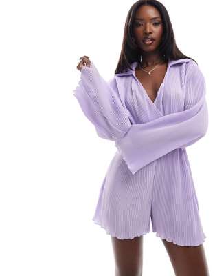 In The Style exclusive plisse long sleeve wrap shirt playsuit in lilac-Purple