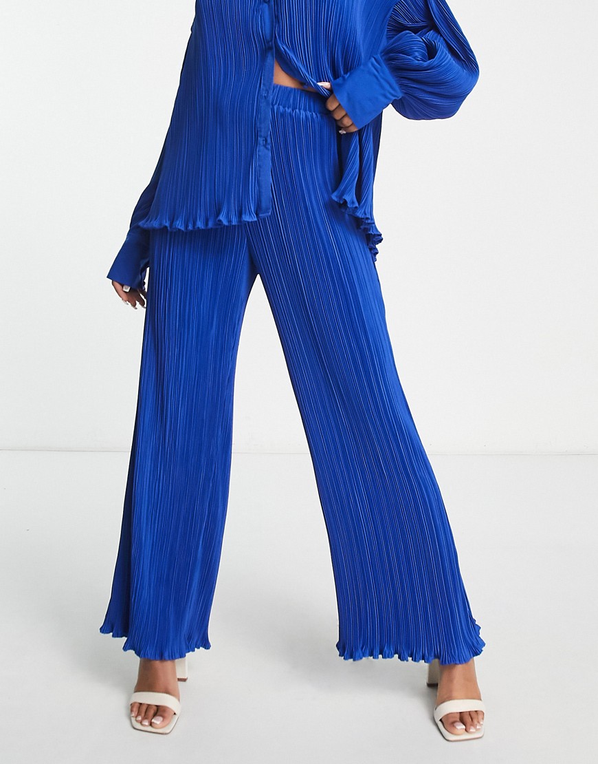 In The Style exclusive plisse wide leg trouser co-ord in blue