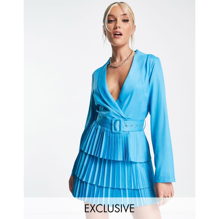 In The Style exclusive plunge front blazer dress with pleated skirt in blue