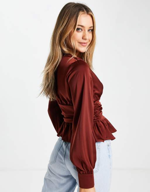 In The Style exclusive plunge front button detail top with peplum hem detail in rust, 2 of 4
