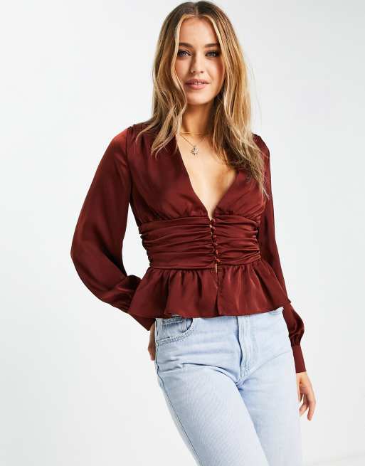 In The Style exclusive plunge front button detail top with peplum hem detail in rust, 3 of 4