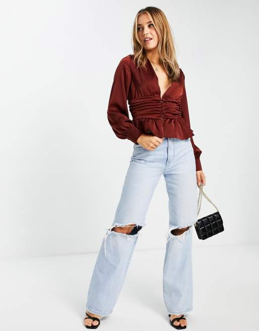 In The Style exclusive plunge front button detail top with peplum hem detail in rust, 4 of 4
