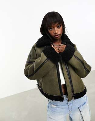 In The Style exclusive premium contrast faux suede and borg aviator jacket in khaki-Green