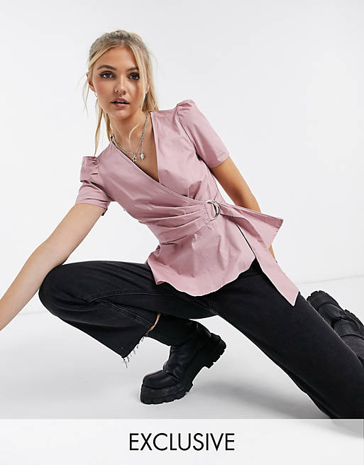 In The Style exclusive puff sleeve wrap front top with belt detail in mauve