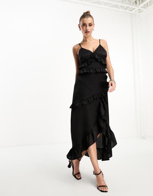 In The Style exclusive ruffle trim cami maxi dress in black ASOS