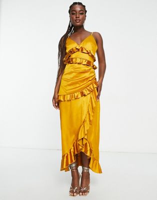 exclusive satin asymmetric ruffle detail maxi dress in ochre-Yellow