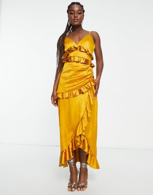 In The Style exclusive satin asymmetric ruffle detail maxi dress