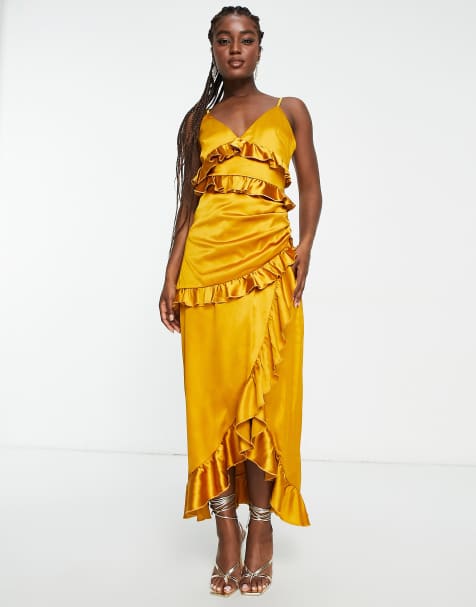 Mustard Yellow Maxi Dress - Satin Maxi Dress - Button Maxi Dress