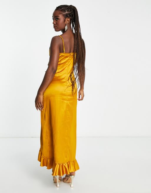 In The Style exclusive satin asymmetric ruffle detail maxi dress in ochre