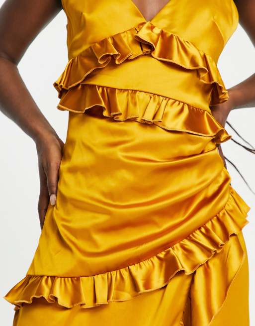 In The Style exclusive satin asymmetric ruffle detail maxi dress in ochre