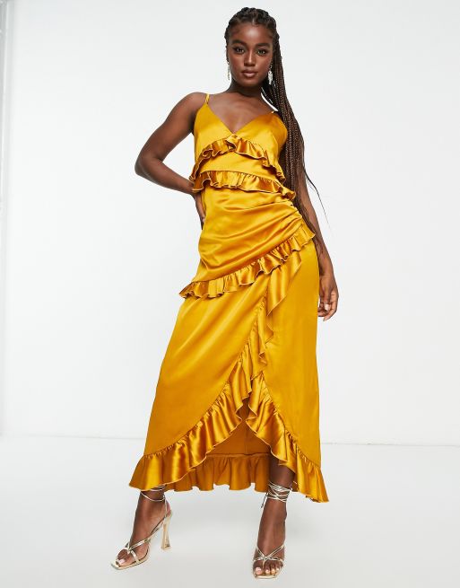 Draped satin long midi dress with ruffle, Designer Collection