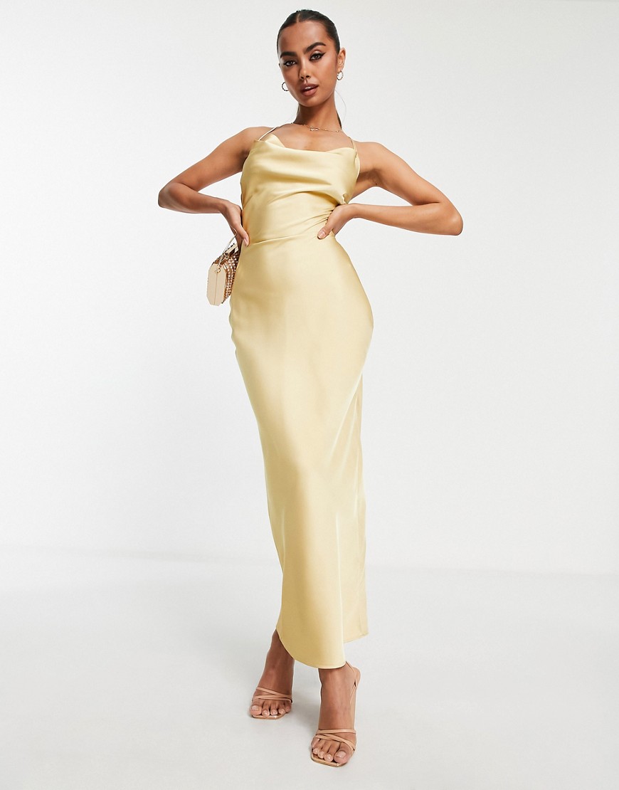 In The Style exclusive satin cowl front midi dress in gold