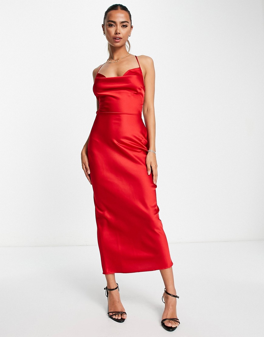 In The Style exclusive satin cowl front midi dress in red