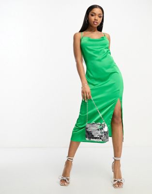 In The Style exclusive satin cowl neck midaxi dress in green - ASOS Price Checker
