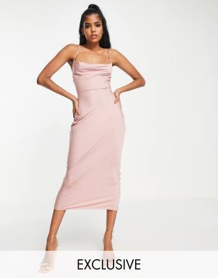 blush pink satin midi dress
