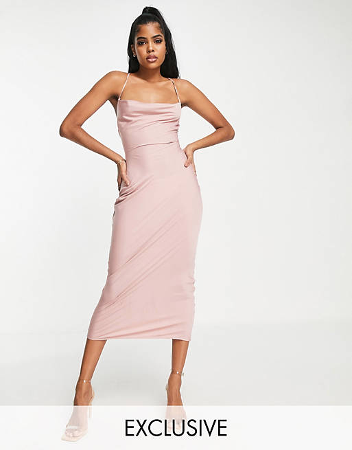 In The Style exclusive satin cowl neck midi dress in blush pink