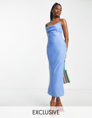 In The Style exclusive satin cowl neck midi dress in light blue ASOS