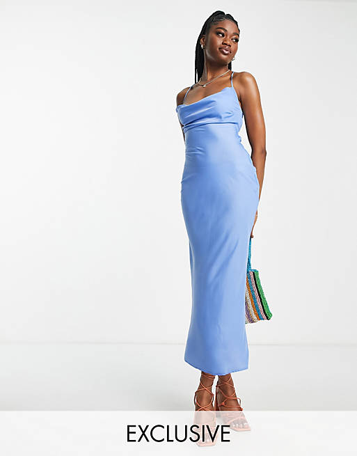 In The Style exclusive satin cowl neck midi dress in light blue