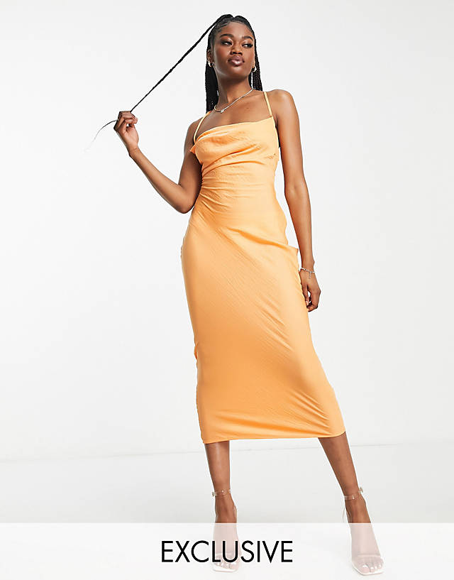 In The Style - exclusive satin cowl neck midi dress in orange