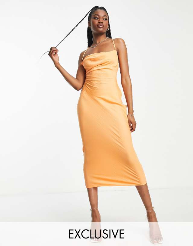 In The Style Exclusive satin cowl neck midi dress in orange