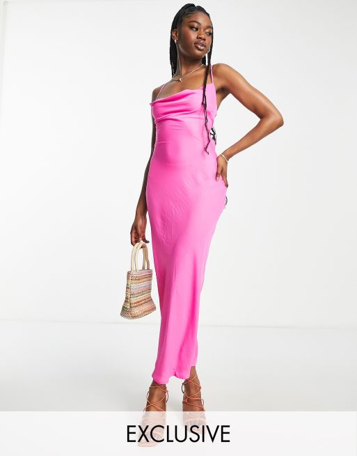 Cowl play cowl neck clearance satin midi dress in pink