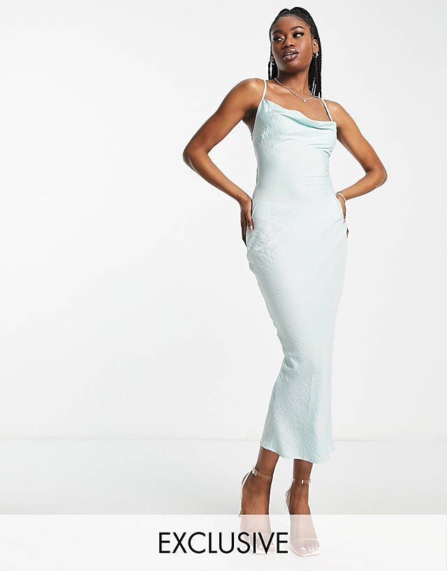 In The Style - exclusive satin cowl neck midi dress in sage green