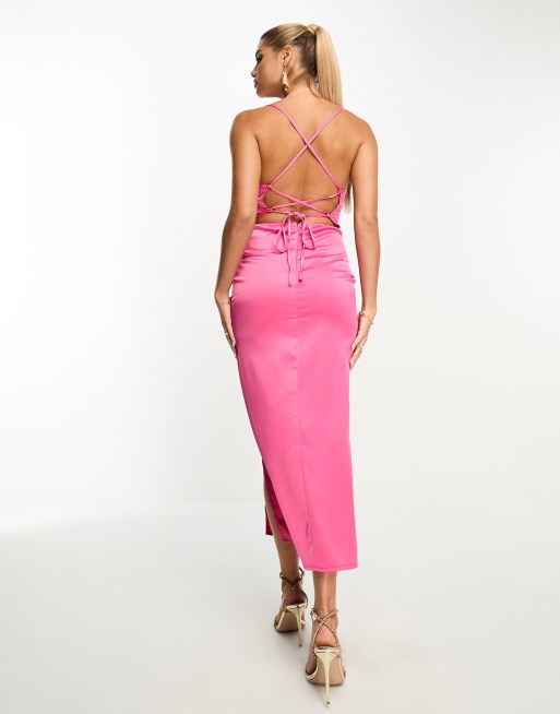 Satin Cowl Neck With Strappy Back Maxi - Pink