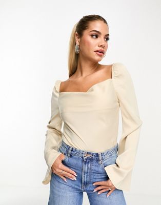In The Style exclusive satin drape detail wide sleeve body in champagne - ASOS Price Checker