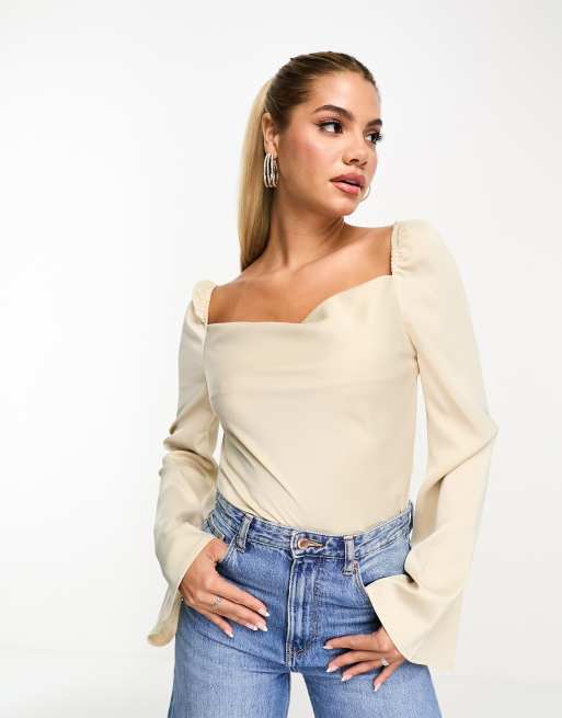 In The Style exclusive satin drape detail wide sleeve body in champagne