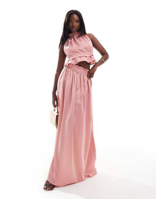 In The Style exclusive satin floaty maxi skirt in rose pink (part of a set)