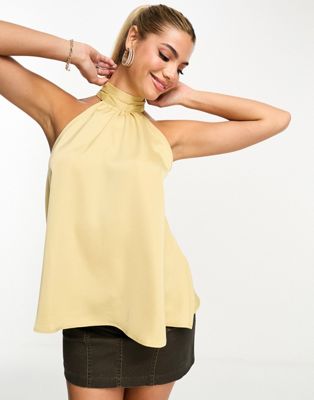 In The Style exclusive satin halterneck swing top in gold - ASOS Price Checker