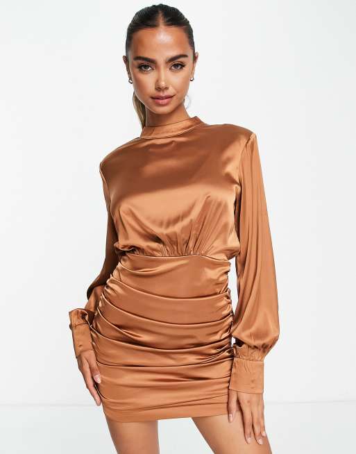 In The Style exclusive satin high neck ruched skirt mini dress in chocolate ASOS