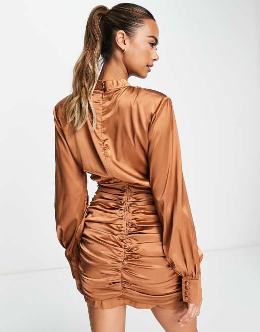 In The Style exclusive satin high neck ruched skirt mini dress in chocolate  | ASOS