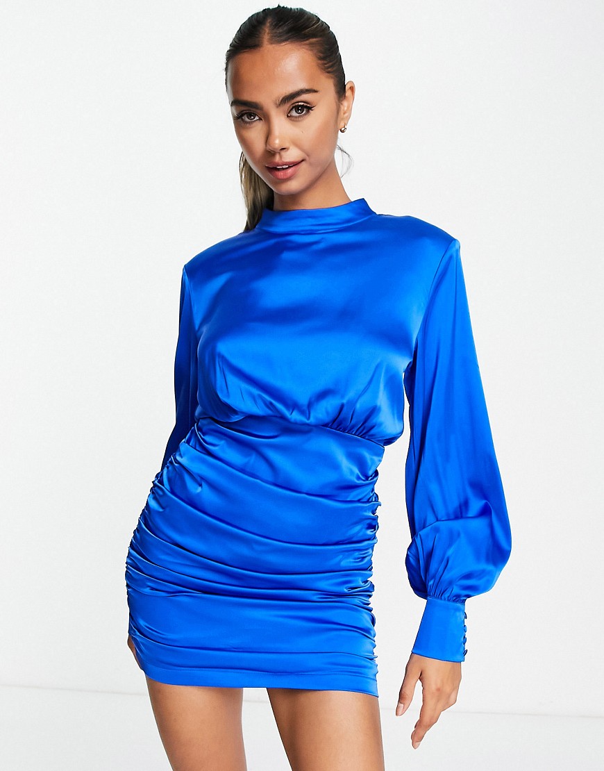 In The Style exclusive satin high neck ruched skirt mini dress in cobalt-Blue