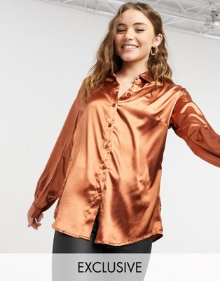 Oversized satin shirt with open back in rust Asos Women Clothing Tops Backless Tops 