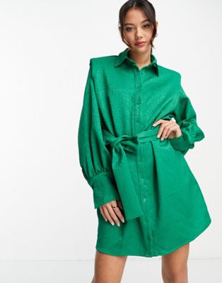 In The Style exclusive satin printed shirt dress with belt detail in green - ASOS Price Checker