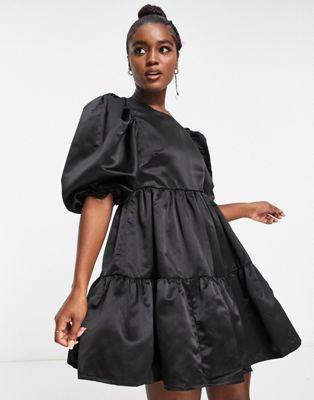 In The Style exclusive satin puff sleeve tiered mini prom dress in black - ASOS Price Checker