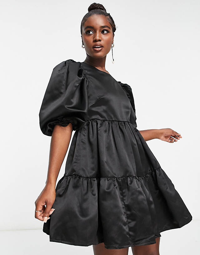 In The Style - exclusive satin puff sleeve tiered mini prom dress in black