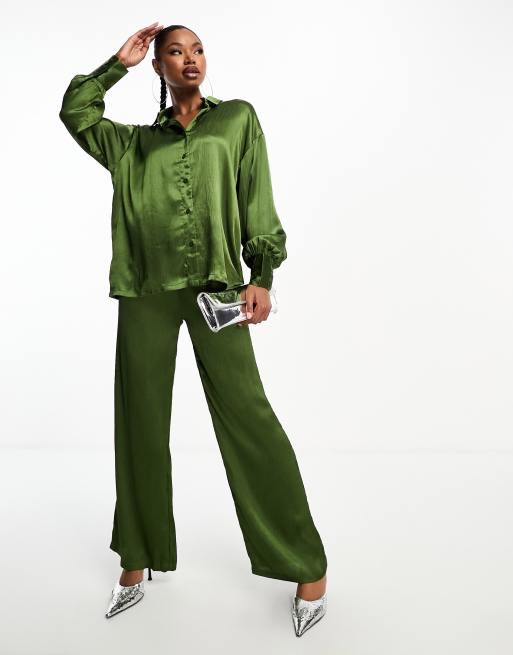 In The Style exclusive satin textured wide leg pants in khaki (part of a set)