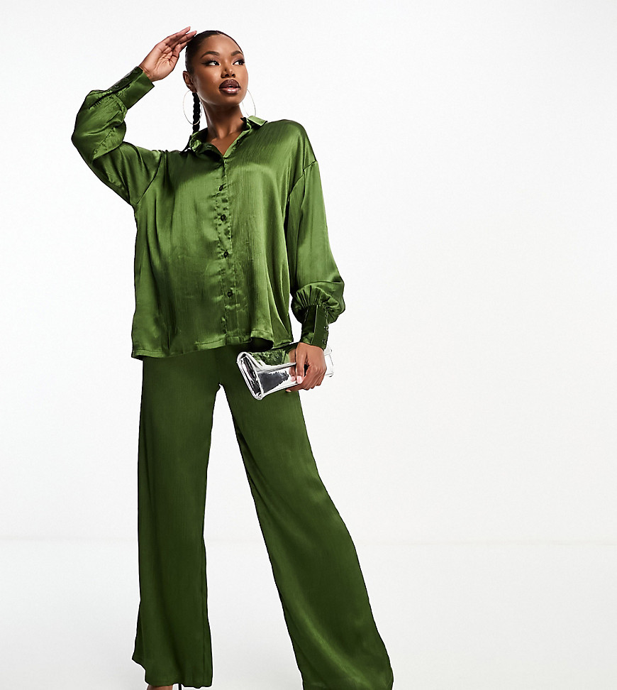 In The Style exclusive satin textured wide leg trousers co-ord in khaki-Green